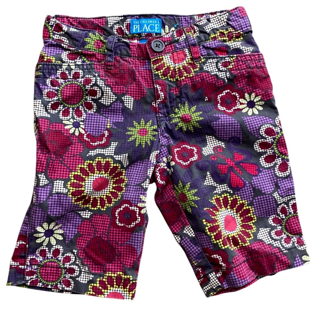 The Childrens Place Girls Purple Pink Floral Bermuda Shorts Size 5 Retro Flower